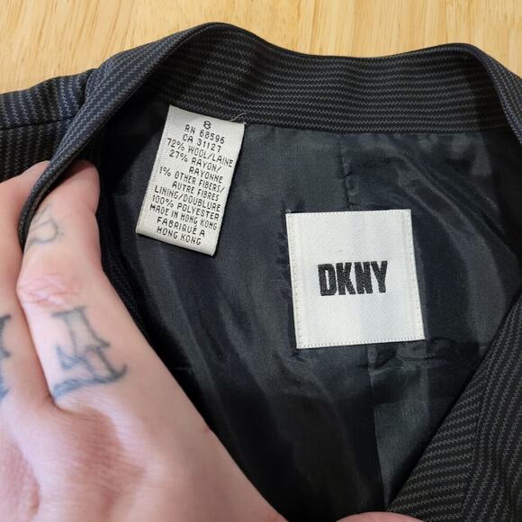 DKNY Donna Karen Wool Mandarin Collar Invisible Button Pinstripe Coat 8 - Picture 6 of 11